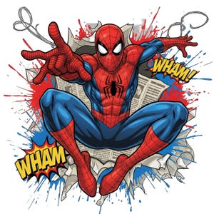 May include: A graphic illustration of Spider-Man in a red and blue suit with a black spider emblem, posed mid-action with hands extended. The background features torn newspaper, red and blue paint splatters, and the yellow text WHAM twice.