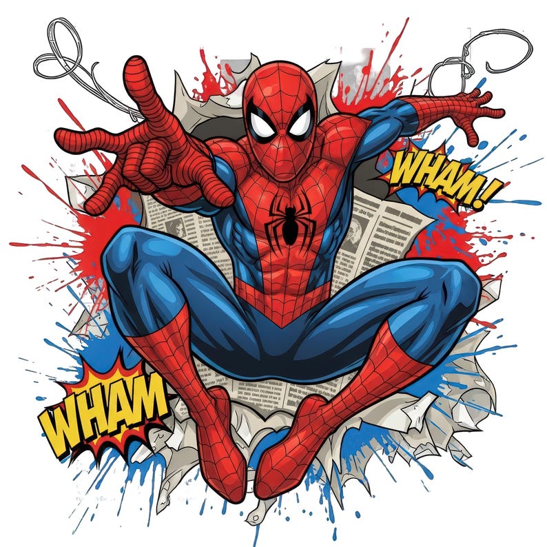 May include: A graphic illustration of Spider-Man in a red and blue suit with a black spider emblem, posed mid-action with hands extended. The background features torn newspaper, red and blue paint splatters, and the yellow text WHAM twice.