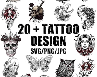 Gothic Tattoo Designs Bundle, Skull Rose Clipart, SVG PNG JPG (Digital Download)