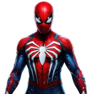 May include: A full-body suit featuring a red and blue color scheme with a prominent white spider emblem on the chest. The suit displays a detailed web pattern across the red sections and includes colorful paint splatter accents on the blue sleeves.