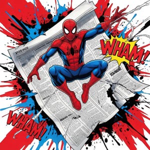 May include: A comic book illustration of Spider-Man in a red and blue suit, centered over a torn newspaper page. The background features vibrant red, blue, and black paint splatters with two yellow comic-style speech bubbles containing the text WHAM!