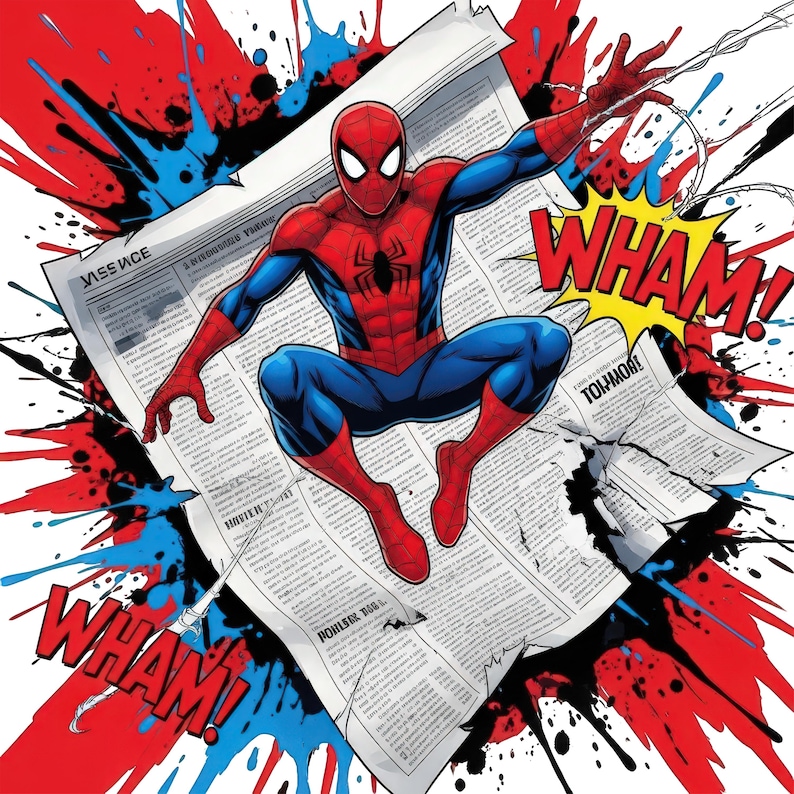May include: A comic book illustration of Spider-Man in a red and blue suit, centered over a torn newspaper page. The background features vibrant red, blue, and black paint splatters with two yellow comic-style speech bubbles containing the text WHAM!