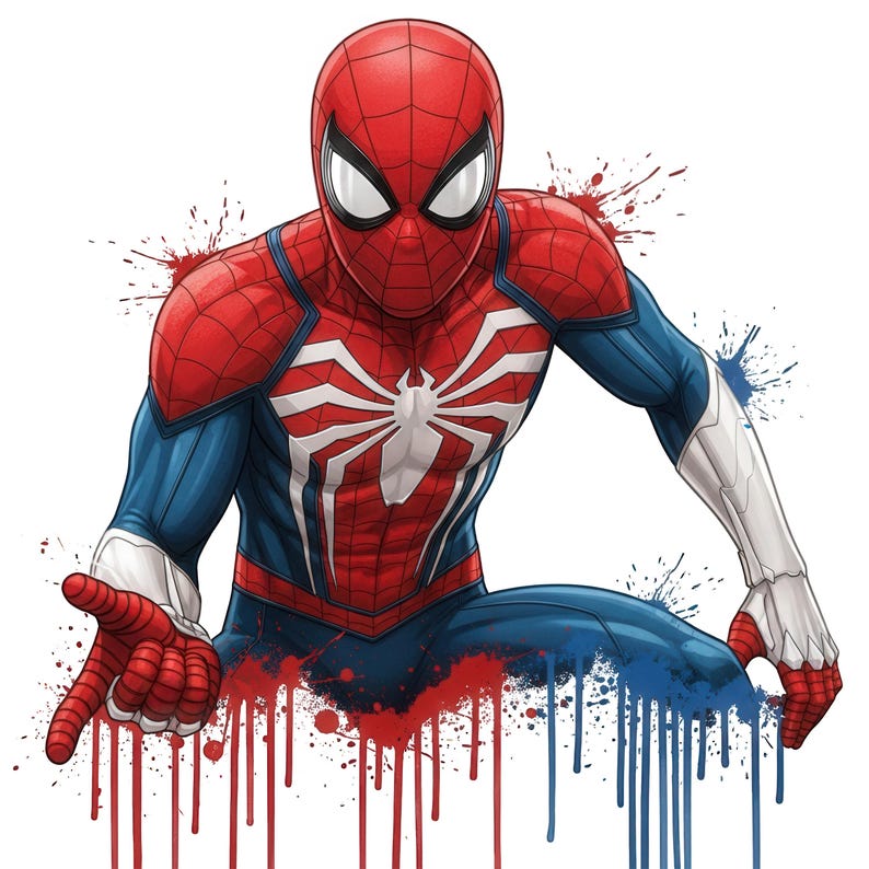 May include: A graphic illustration of a superhero character wearing a red and blue suit with a large white spider emblem on the chest, white gauntlets, and white eye lenses, featuring red and blue paint splatter effects at the base.