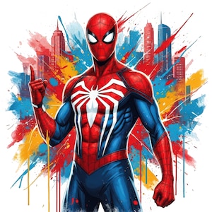 May include: A Spider-Man character illustration featuring a red and blue suit with a large white spider emblem on the chest. The figure is set against a vibrant, abstract background of colorful paint splatters and a stylized city skyline silhouette.