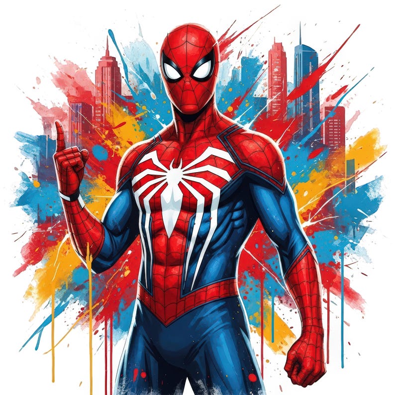 May include: A Spider-Man character illustration featuring a red and blue suit with a large white spider emblem on the chest. The figure is set against a vibrant, abstract background of colorful paint splatters and a stylized city skyline silhouette.
