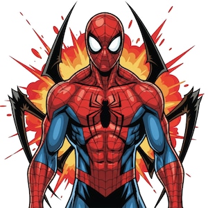 May include: A graphic illustration of a superhero character wearing a red and blue suit with a black spider emblem on the chest and a web pattern. The character features four black mechanical spider legs extending from the back against an orange explosion.