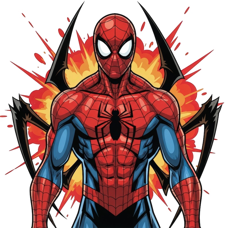 May include: A graphic illustration of a superhero character wearing a red and blue suit with a black spider emblem on the chest and a web pattern. The character features four black mechanical spider legs extending from the back against an orange explosion.