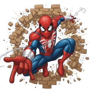 May include: A graphic illustration of a superhero character in a red and blue suit with a large white spider emblem on the chest, crouching forward with one hand extended as if shooting a web, emerging from a circular hole in a brick wall.