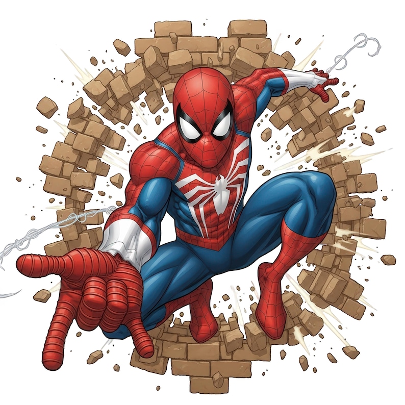May include: A graphic illustration of a superhero character in a red and blue suit with a large white spider emblem on the chest, crouching forward with one hand extended as if shooting a web, emerging from a circular hole in a brick wall.