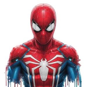 May include: A digital illustration of the superhero Spider-Man from the chest up, featuring a red and blue suit with a prominent white spider emblem on the chest, black web patterns, and white eye lenses, with a paint drip effect at the bottom.