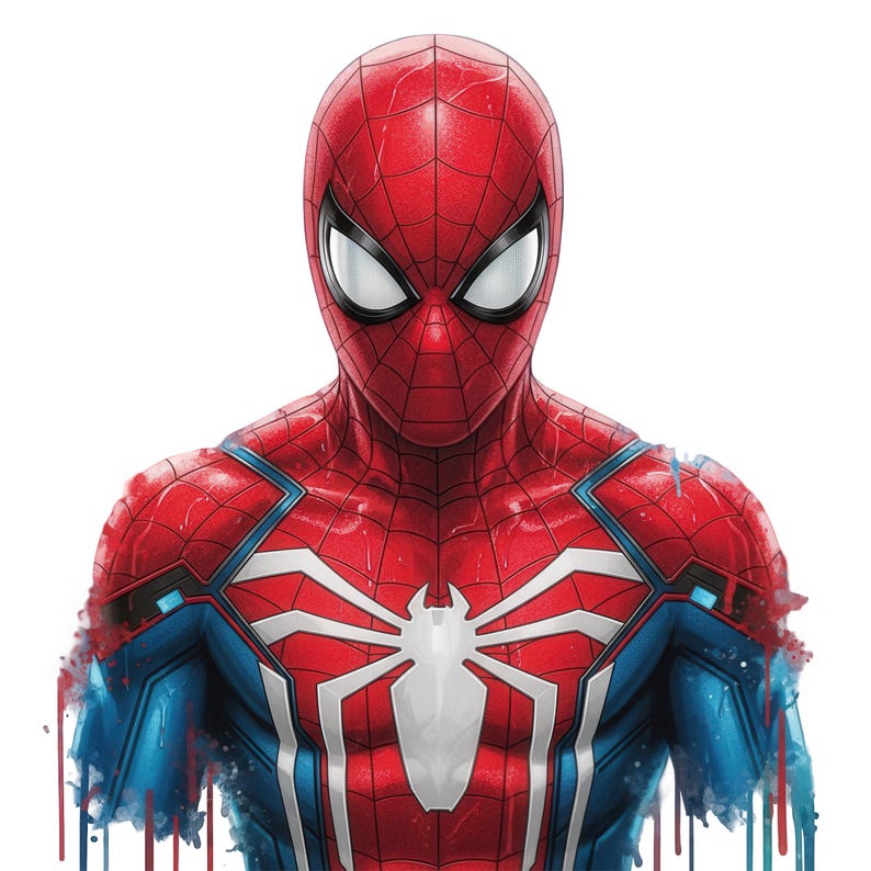 May include: A digital illustration of the superhero Spider-Man from the chest up, featuring a red and blue suit with a prominent white spider emblem on the chest, black web patterns, and white eye lenses, with a paint drip effect at the bottom.