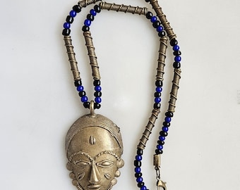 African mask necklace, brass mask pendant, long necklace, unisex necklace