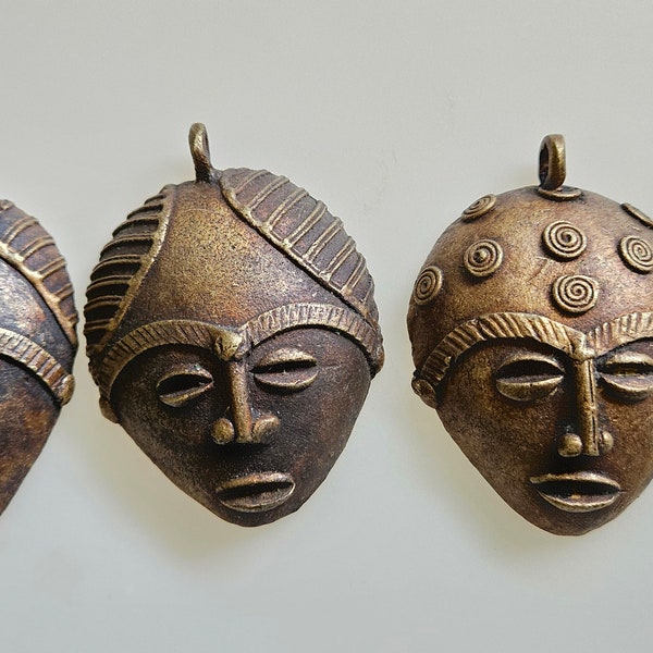 CLEARANCE 3 Ashanti mask pendants, African mask pendants, Brass mask