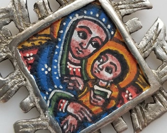 Ethiopian Artist African clay hand painted pendant 