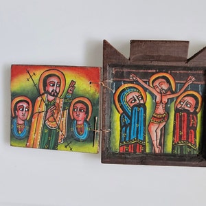 Ethiopian hand painted icon, religious painting, crucifix wall art, Ethiopian art