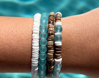Beach Glass Bracelet Stack Set | Boho Surfer Look | Beach Accessories | Wax Cord Waterproof Adjustable Jewelry | Gift for Her | Coast Style