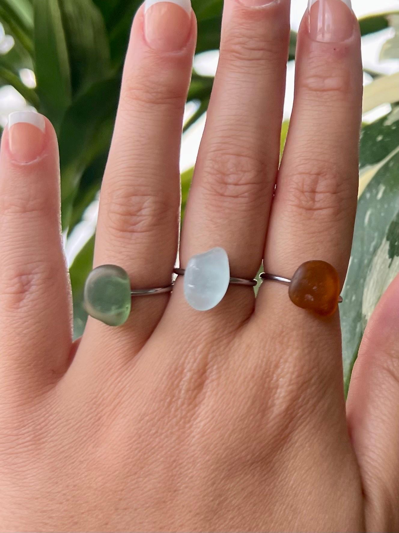 Sea Glass Rings | 18K Gold or Silver Stainless Steel | Real Sea Glass From Kauai Hawaii | Boho Surfer Look | Coastal Beach Jewelry | Ocean