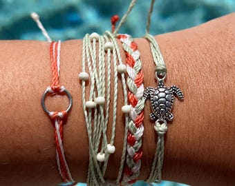 Turtle Bracelet Stack Set | Boho Surfer Look | Beach Accessories | Wax Cord Waterproof Adjustable Jewelry | Gift for Her | Coastal Style FL