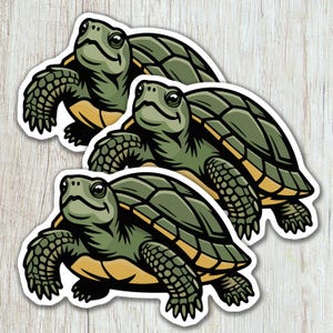 May include: Three turtle stickers. Each sticker features a detailed illustration of a turtle with a green shell, yellow underbelly, and black and green details. The turtles are in a slightly upward-facing pose, with a white border.