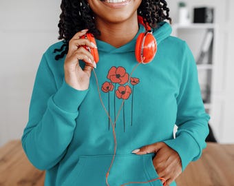 Red Poppy Flowers Hoodie, Floral Poppies Pullover Hooded Sweatshirt, Gift for Nature Lovers, Perfect Hoodies for Fall and Spring