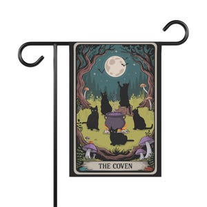 Halloween Garden Banner Flag, Black Cats The Coven Tarot Cardk, Witchy Cat Yard Decor, Gothic Fall Decorations, Outdoor Banner,