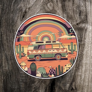 Roadtrippin&#39; In The Desert Sticker - 3.5&quot; Vanlife Vinyl Retro Van Travel Psychedelic Trippy Nomad Decal Stickers, Waterproof Outdoor Decals