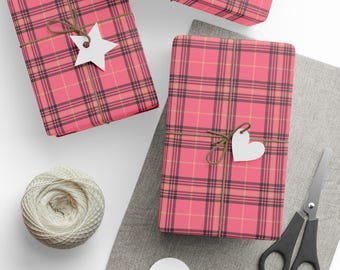 Bubblegum Pink Tartan Plaid Wrapping Paper Gift Wrap Roll, Holiday Birthday Christmas, Matte Finish