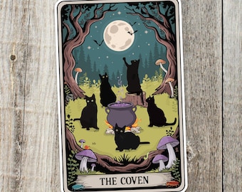4" The Coven Witchy Black Cats Tarot Card Sticker - Halloween Vinyl Decal Stickers Goth Cat Tarot Cards Waterproof Decals