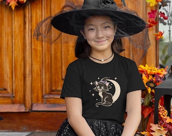 Witchy Kitty Kids T-shirt - Halloween Black Cat with Witch Hat & Moon Print Gothic Spooky Children's Black Tee