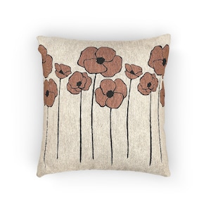 Woven Poppies Pillow, Floral Decorative Cushion, 17&quot;×18&quot; Poppy Square Throw Pillow, Home Decor Accent, Flower Pattern Cushion