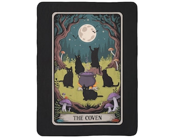 Magical Black Cats Coven Fleece Sherpa Blanket, Cozy Halloween Decor, Tarot Card Witchy Throw Blankets, Bedding Home Decor