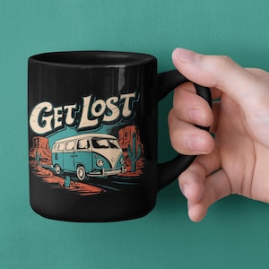 Get Lost Coffee Mug Vintage Van Vanlife Utah Arizona Desert Roadtrip Black Ceramic Coffee Mugs 11oz with Retro Camper, Nomad Gifts