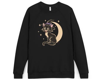 Witchy Black Cat Raglan Sweatshirt | Halloween Goth Long Sleeve Pullover Sweatshirts, Spooky Fall Apparel