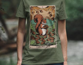 The Forager Squirrel Tarot Card T-shirt Soft Cotton Tee with Nut Foraging Squirrels Tarot Card Print Mens Womens Graphic Tee