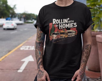 Rollin' With My Homies Van Skoolie RV Vanlife Caravan in the Desert T-shirt Unisex Garment-Dyed Tee, Nomad Travel Mens Womens Shirts
