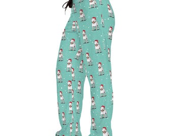 Snowy Pit Bull Dog Women's Christmas Pajama Pants, Santa Pitbull Dogs PJ Bottoms, Cozy Winter Loungewear, Matching Holiday Sleepwear