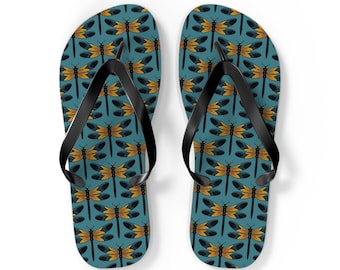 Dragonfly Pattern Flip Flops | Teal Blue Dragonflies Tropical Summer Sandals Footwear, Insect Nature Pool Beach Attire