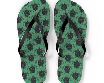 Sea Turtle Pattern Flip Flops | Tropical Green Turtles Beach Sandals, Summer Vacation Pool Attire Ocean Wildlife Nature Pattern