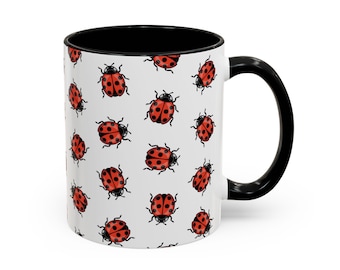 Ladybug Pattern Coffee Mug | Red Lady Bug Ceramic Accent Coffee Mugs Insect Pattern Print