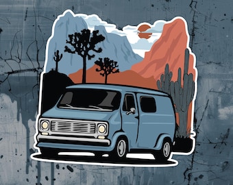 Retro Camper Van Sticker - 3" Vintage Vanlife Vinyl Decal Stickers, Nomad Camping Joshua Tree, Arizona Desert Waterproof Outdoor Decals