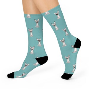 White Chihuahua Puppy Dog Pattern Cushioned Crew Socks, Cute Doggy Chihuahuas Dogs Pet Print Novelty Socks Footwear