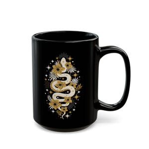 Mystic Golden Snake Black Mug, Boho 15oz Ceramic Coffee Cup, Unique Serpent Design, Gift for Coffee Lovers, Halloween, Occult Mugs