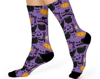 Witchy Things Halloween Cushioned Crew Socks - Witch Hats, Brooms, Black Cats - Halloween Accessories, Trick or Treat Clothing, Spooky Fall