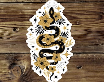 4" Mystic Black & Gold Snake Sticker - Serpent Vinyl Decal Stickers Boho Snakes Flowers Design Waterproof Outdoor Decals