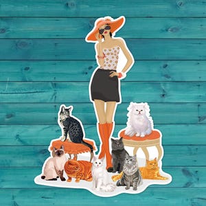Cat Lady Sticker - 3.5&quot; Single Woman with Cats Vinyl Decal Stickers Waterproof Outdoor Decals for Car, Laptop, Water Bottles, Cat Lover Gift