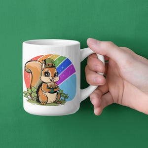 St Patrick's Day Leprechaun Squirrel Ceramic Coffee Mug 11 oz, Squirrels End Of Rainbow Shamrock Clover Pot Of Gold Acorns Mugs