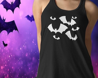 Black Bats Tank Top Women's Halloween Goth Women's Racerback Tank with Flying Bat Print, Spooky Season Apparel