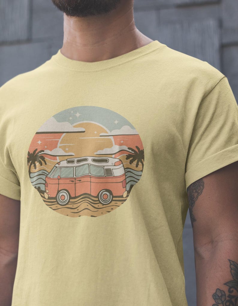 Vintage Van Dreams Nomad Campervan Vanlife Sunset T-shirt Unisex Mens Womens Heavy Cotton Graphic Tee Camping Apparel zdjęcie 1