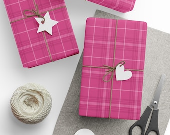 Pink Tartan Plaid Wrapping Paper Gift Wrap Roll, Holiday Birthday Christmas Valentine's Day, Matte Finish