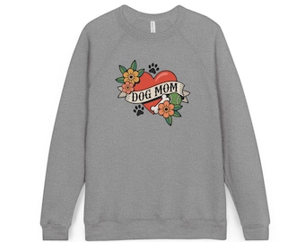 Dog Mom Heart Tattoo Style Raglan Sweatshirt | Pet Owner Childles Dog Lady Tattoos Floral Paw Print Design